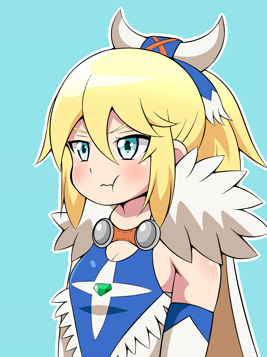 1girl, ayuria, bare_shoulders, blonde_hair, blue_background, blue_eyes, blush, bone_hair_ornament, breasts, cape, cleavage, closed_mouth, detached_sleeves, dress, fur_trim, half-closed_eyes, highres, looking_to_the_side, monster_hunter, monster_hunter_stories, ponytail, pout, simple_background, sleeveless, sleeveless_dress, small_breasts, solo, upper_body, wavy_mouth