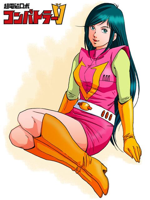 1girl, boots, breasts, choudenji_robo_combattler_v, elbow_gloves, full_body, gloves, green_eyes, knee_boots, long_hair, looking_at_viewer, miniskirt, nanbara_chizuru, pilot_suit, simple_background, skin_tight, skirt, smile, solo, tachibana_kazuto