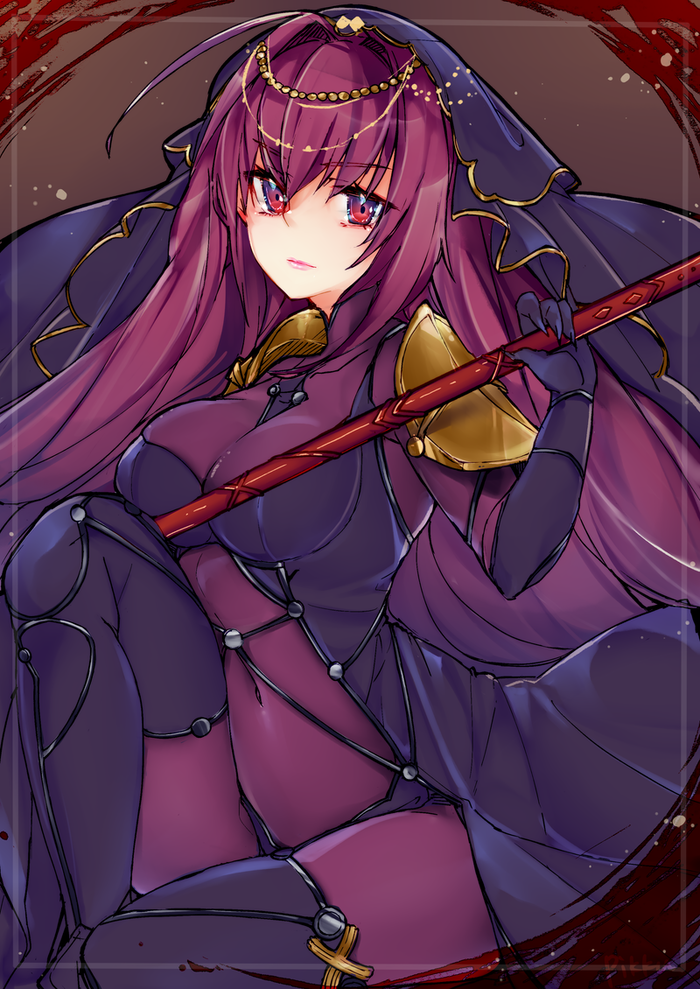 1girl, armor, bodysuit, breasts, fate/grand_order, fate_(series), gae_bolg, hair_intakes, holding, holding_weapon, large_breasts, long_hair, looking_at_viewer, pauldrons, pikkumyy, polearm, purple_bodysuit, purple_hair, red_eyes, scathach_(fate/grand_order), shoulder_armor, solo, spear, veil, weapon