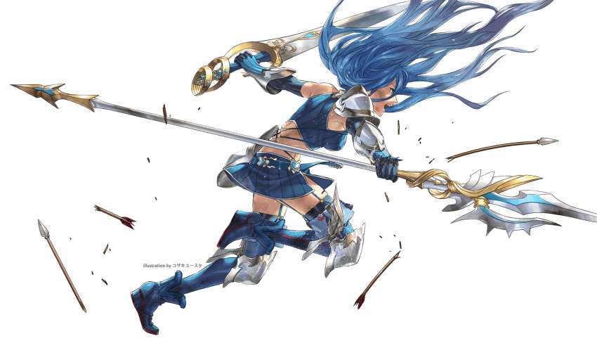 1girl, armor, arrow, artist_name, belt, blue_eyes, blue_hair, broken_arrow