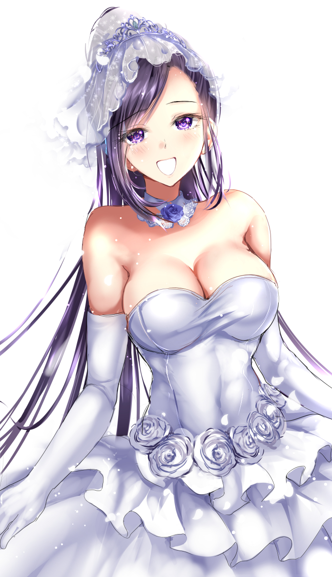 1girl, alternate_costume, bare_shoulders, breasts, bridal_veil, bride, cleavage, commentary_request