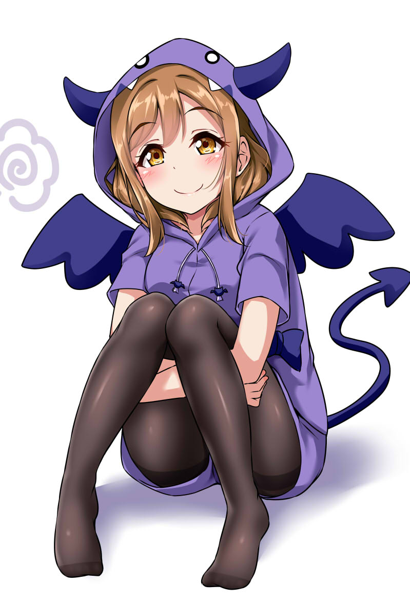 1girl, bangs, black_legwear, blush, brown_eyes, brown_hair, demon_hood, demon_horns, demon_tail, demon_wings, eyebrows_visible_through_hair, fake_horns, fake_tail, fake_wings, hood, hood_up, hoodie, horns, knees_up, kunikida_hanamaru, leg_hug, looking_at_viewer, love_live!, love_live!_sunshine!!, no_shoes, pajamas, pantyhose, pigeon-toed, purple_hoodie, short_sleeves, smile, solo, tail, thighband_pantyhose, white_background, wings, yopparai_oni