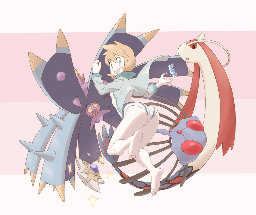 1girl, :d, absurdres, alternate_color, arched_back, ass, bare_legs, barefoot