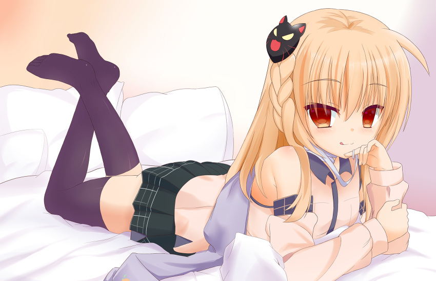 1girl, :p, bed, black_legwear, blonde_hair, blush, braid, erniang, highres, looking_at_viewer, lying, mask, mask_on_head, naughty_face, no_shoes, on_stomach, pillow, red_eyes, school_uniform, shiranui_(zhan_jian_shao_nyu), side_braid, simple_background, solo, thigh-highs, tongue, tongue_out, zhan_jian_shao_nyu