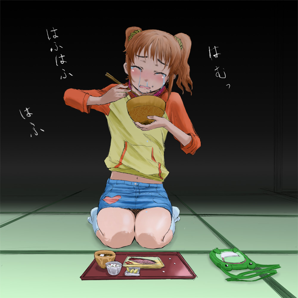 brown_hair, chopsticks, cif, eating, food, idolmaster, paku_paku_mogu_mogu, poverty