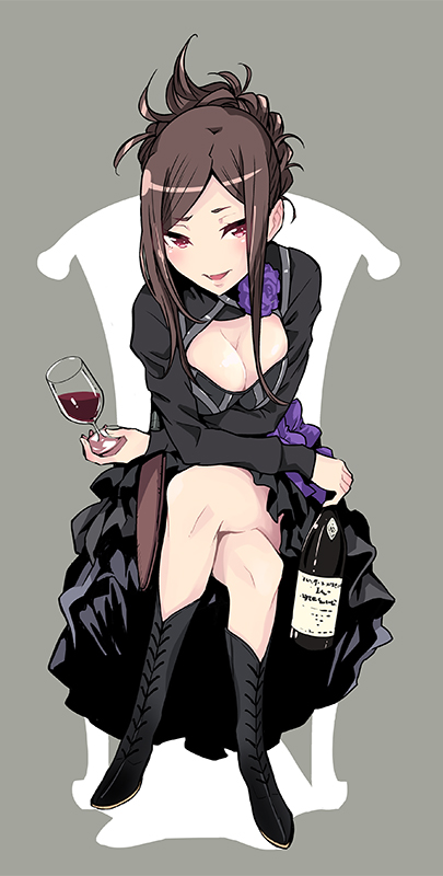 1girl, bangs, black_dress, black_footwear, blush, boots, bottle, breasts
