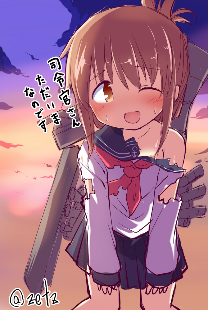 1girl, anchor_symbol, bare_shoulders, blue_sailor_collar, blue_skirt, brown_eyes, brown_hair, folded_ponytail