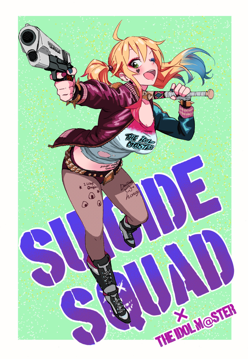 1girl, :d, absurdres, aiming_at_viewer, baseball_bat, bat, belt, belt_buckle