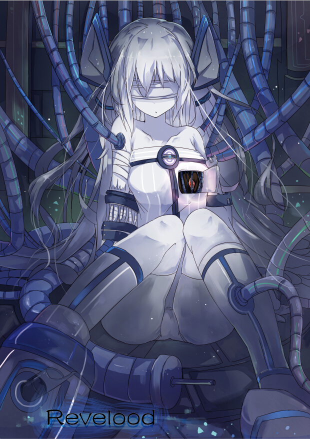 1girl, android, ass, bandage, bandaged_arm, bangs, bare_shoulders, blindfold, cable, commentary_request, dress, grey_hair, headgear, knees_together_feet_apart, long_hair, mitu_yang, original, panties, parts_exposed, sitting, solo, thigh-highs, underwear, white_legwear, white_panties, white_skin