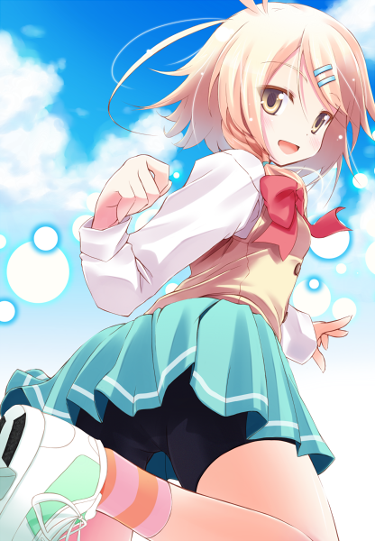 blonde_hair, blush, flat_chest, gaku_buru, hair_ornament, hairclip, komone_ushio, miniskirt, ribbon, school_uniform, short_hair, skirt, sky, smile, socks, striped, striped_socks, upskirt, yellow_eyes