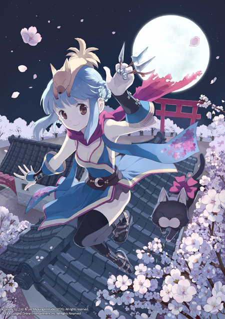 breasts, cleavage, flower, moon, night, night_sky, ninja, ninja_(ragnarok_online), petals, ragnarok_online, red_eyes, shuriken, sky, star, star_(sky), starry_sky, thigh-highs, thighhighs, tiv