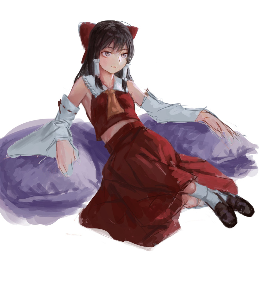 1girl, arm_support, armpit_peek, ascot, bare_shoulders, black_hair, brown_footwear, closed_mouth, cushion, detached_sleeves, dress, fine_art_parody, full_body, grey_eyes, hair_ribbon, hair_tubes, hakurei_reimu, highres, legs_together, long_hair, looking_away, parody, red_dress, red_ribbon, reimu, ribbon, shoes, sitting, smile, socks, solo, touhou, treeware, white_legwear, wide_sleeves, yellow_neckwear