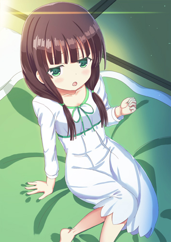 1girl, :o, arm_support, bangs, barefoot, blunt_bangs, blush, breasts, brown_hair, collarbone, commentary_request, dress, foreshortening, from_above, futon, gochuumon_wa_usagi_desu_ka?, green_eyes, hair_tie, indoors, long_hair, long_sleeves, looking_at_viewer, low_twintails, lowres, mutou_riu, nightgown, open_mouth, sitting, sleepwear, small_breasts, solo, tatami, twintails, ujimatsu_chiya, white_dress