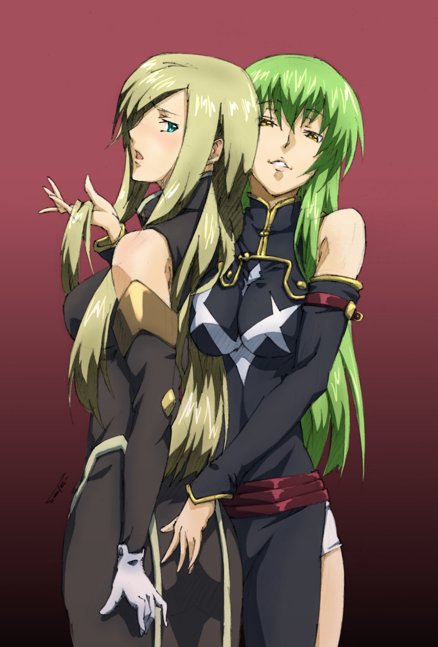 bare_shoulders, blue_eyes, blush, breasts, brown_hair, c.c., cc, code_geass, crossover, green_hair, highres, himemura_saki, large_breasts, long_hair, multiple_girls, seiyuu_connection, seiyuu_joke, tales_of_(series), tales_of_the_abyss, tear_grants, yellow_eyes, yukana