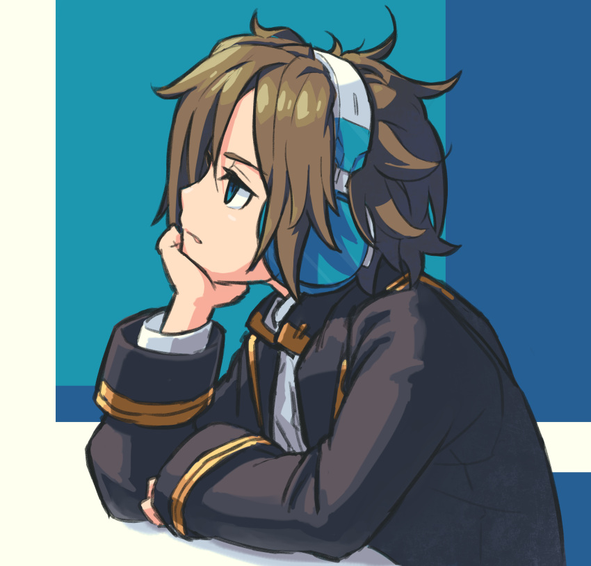 1boy, absurdres, azure_striker_gunvolt, blue_background, blue_eyes, brown_hair, chin_rest, closed_mouth, commentary_request, from_side, grey_jacket, headphones, highres, jacket, long_sleeves, looking_up, male_focus, merak_(gunvolt), reiesu_(reis), shirt, sitting, solo, white_shirt