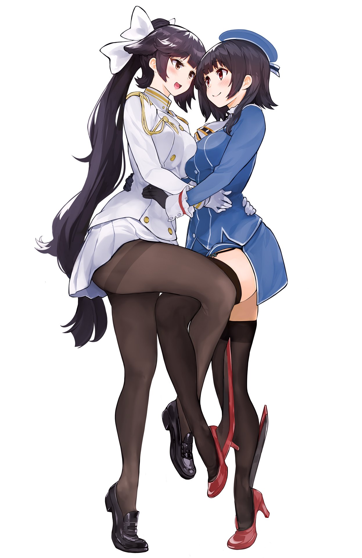 2girls, amami_amayu, asymmetrical_docking, azur_lane, black_gloves, black_legwear, blush, bow