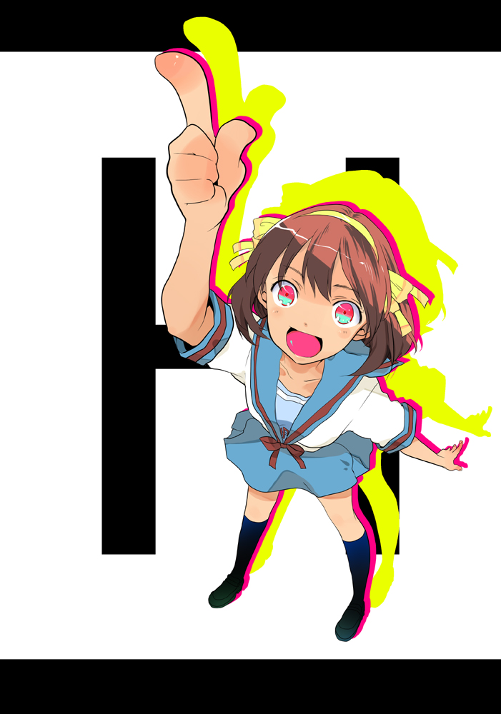 collarbone, finger_point, foreshortening, h, hair_ribbon, hands, pink_eyes, pointing