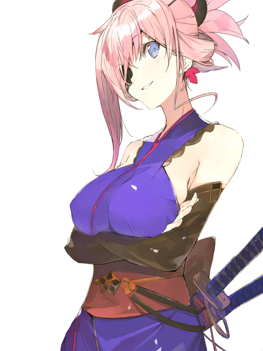 1girl, bangs, bare_shoulders, blue_eyes, crossed_arms, detached_sleeves, earrings, fate/grand_order