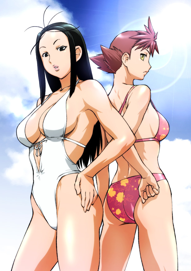 ass, back-to-back, back_to_back, bikini, black_eyes, black_hair, breasts, cleavage