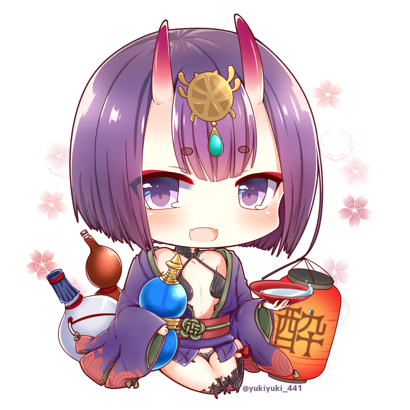 1girl, :d, alcohol, chibi, commentary_request, cup, fangs, fate/grand_order