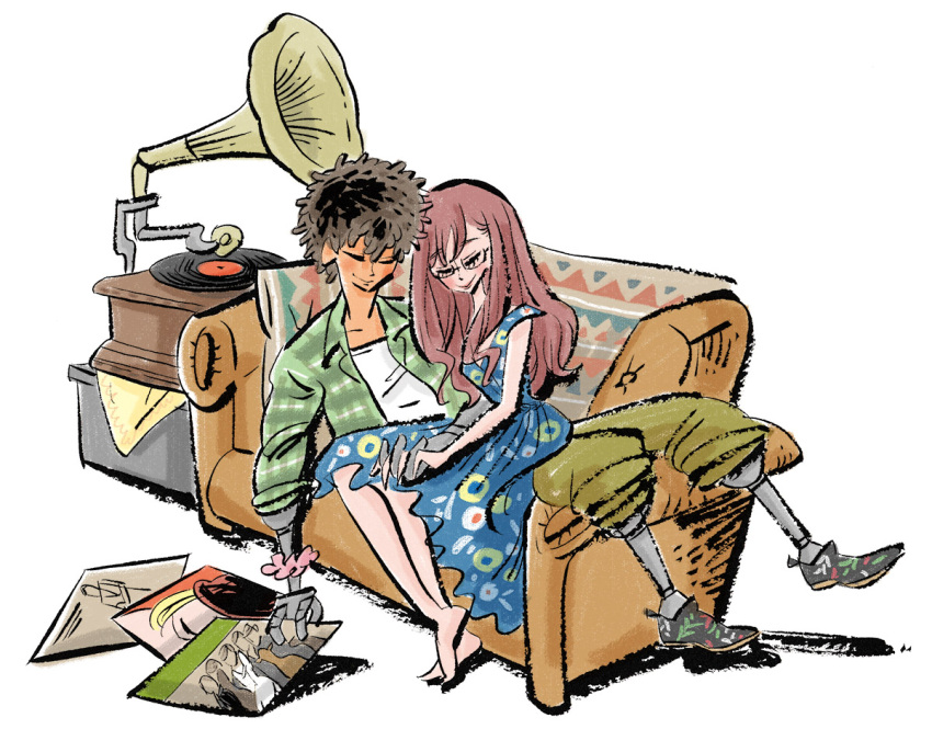 1boy, 1girl, black_hair, closed_eyes, couch, daryl_lorenz, glasses, gundam