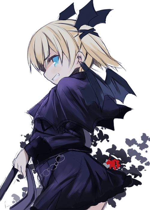 1girl, bangs, bat_wings, black_capelet, black_dress, black_ribbon, black_wings, blonde_hair