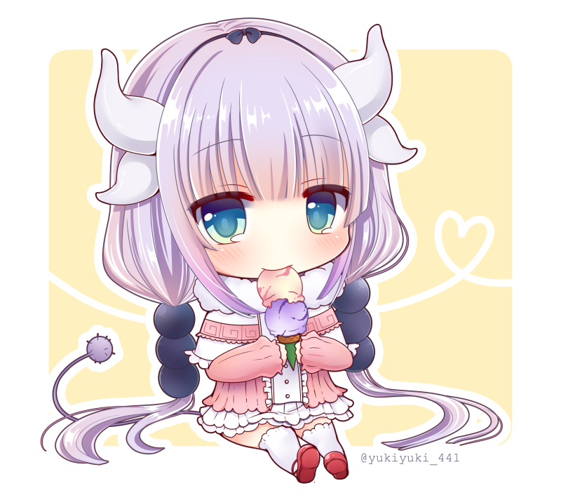 1girl, blue_eyes, chibi, commentary_request, dragon_girl, dragon_horns, dragon_tail, eating