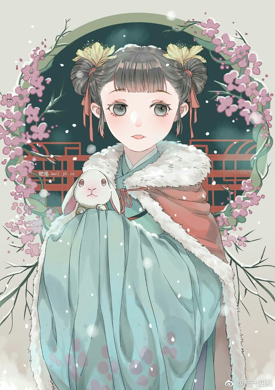 1girl, animal, bajiang, black_eyes, brown_hair, cape, dated, double_bun, fur_trim, highres, holding, holding_animal, open_mouth, original, rabbit, snow, solo, wide_sleeves