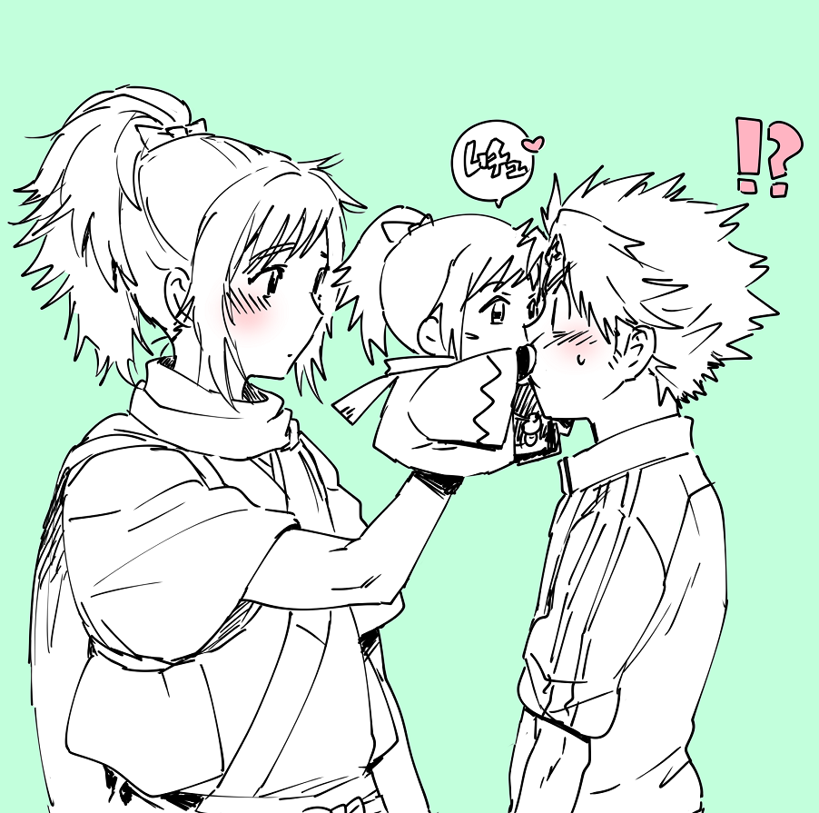 !?, 2boys, agina, blush, green_background, jacket, japanese_clothes, looking_at_another, male_focus, male_saniwa_(touken_ranbu), multiple_boys, ponytail, puppet, saniwa_(touken_ranbu), scarf, simple_background, sweatdrop, tasuki, touken_ranbu, upper_body, yamato-no-kami_yasusada