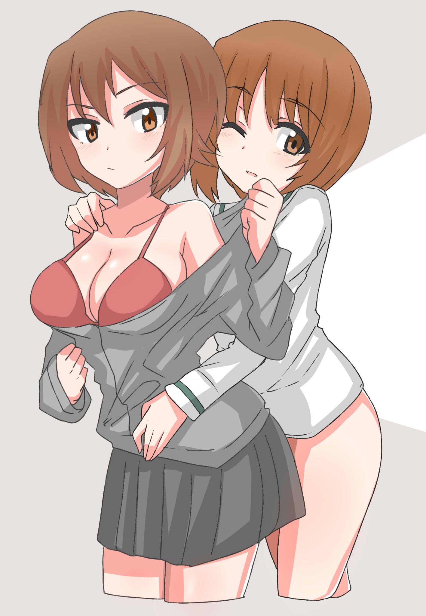 2girls, aster90, bare_shoulders, blush, bottomless, bra, breasts, brown_eyes, brown_hair, cleavage, cropped_legs, eyebrows_visible_through_hair, girls_und_panzer, grey_background, grey_skirt, hand_on_another's_shoulder, highres, medium_breasts, multiple_girls, nishizumi_maho, nishizumi_miho, one_eye_closed, partially_undressed, red_bra, short_hair, siblings, sisters, sketch, skirt, underwear