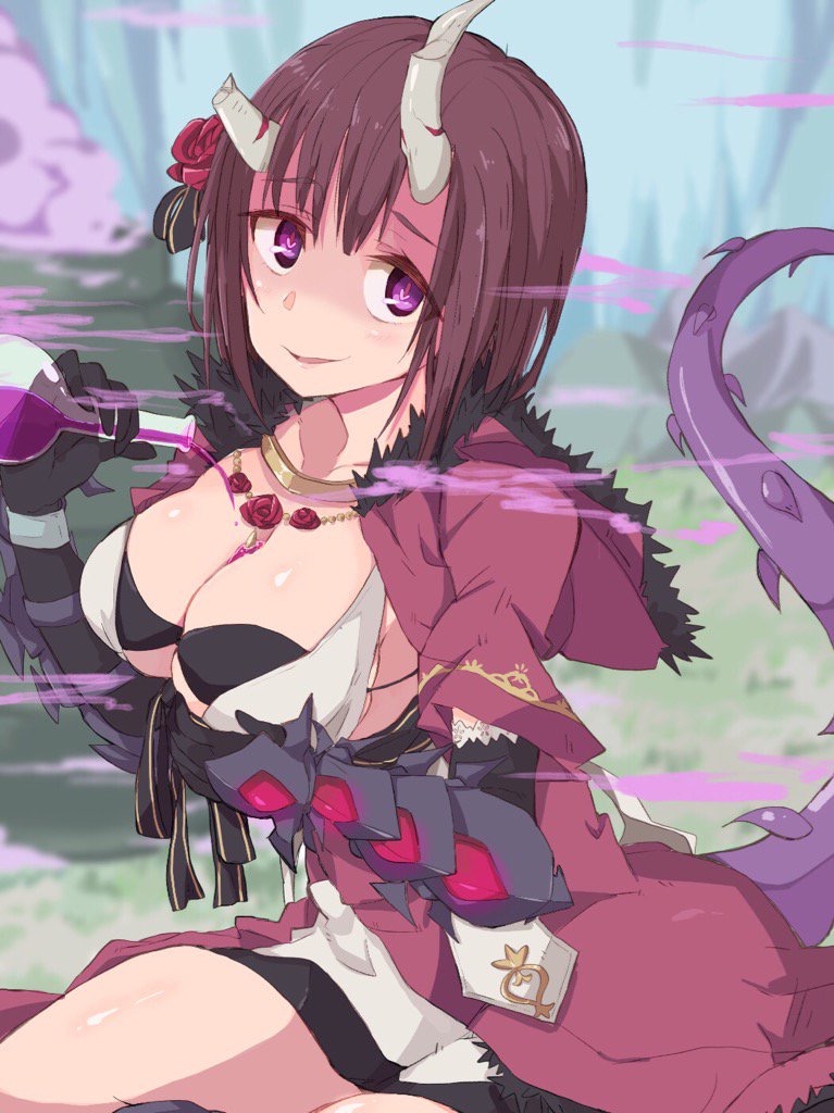 1girl, beaker, black_gloves, breasts, broken_horn, brown_hair, cleavage, elbow_gloves