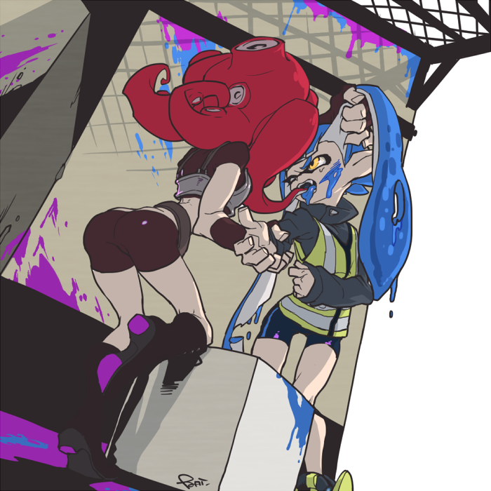 2girls, ass, back, bike_shorts, blue_hair, blue_tongue, boots, breastplate