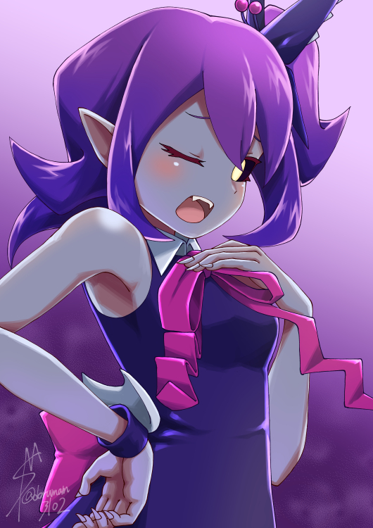 1girl, black_sclera, blush, demon_girl, dorumam, dress, fangs, fingernails, hair_ornament, hand_on_hip, hand_on_own_chest, long_fingernails, looking_at_viewer, musume, nail_polish, one_eye_closed, open_mouth, pink_nails, pointy_ears, ponytail, purple_hair, purple_skin, ribbon, side_ponytail, v_yuusha_no_kuse_ni_namaiki_da_r, yellow_eyes, yuusha_no_kuse_ni_namaiki_da