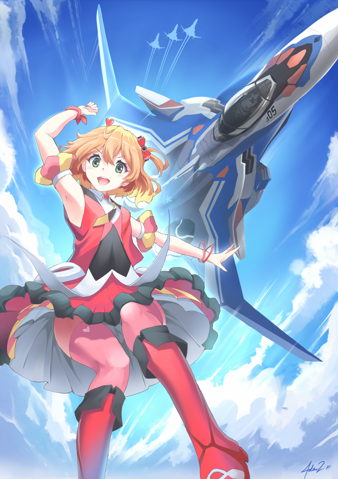 canards, clouds, condensation_trail, dress, flying, freyja_wion, macross, macross_delta