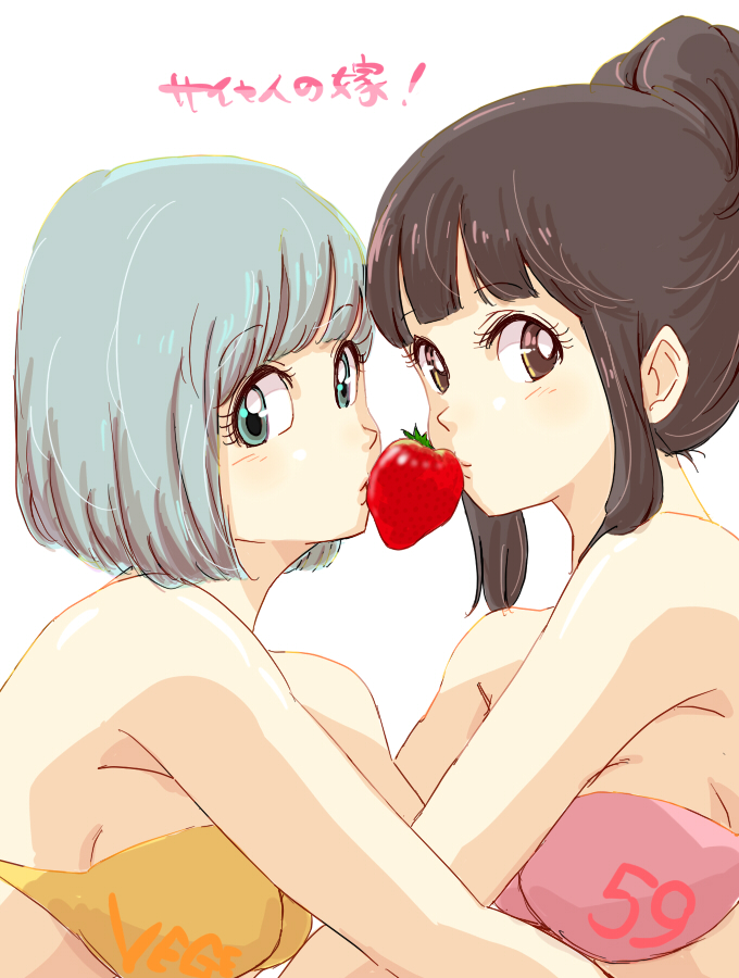 2girls, aqua_eyes, aqua_hair, bare_shoulders, black_hair, blush, bra, breasts