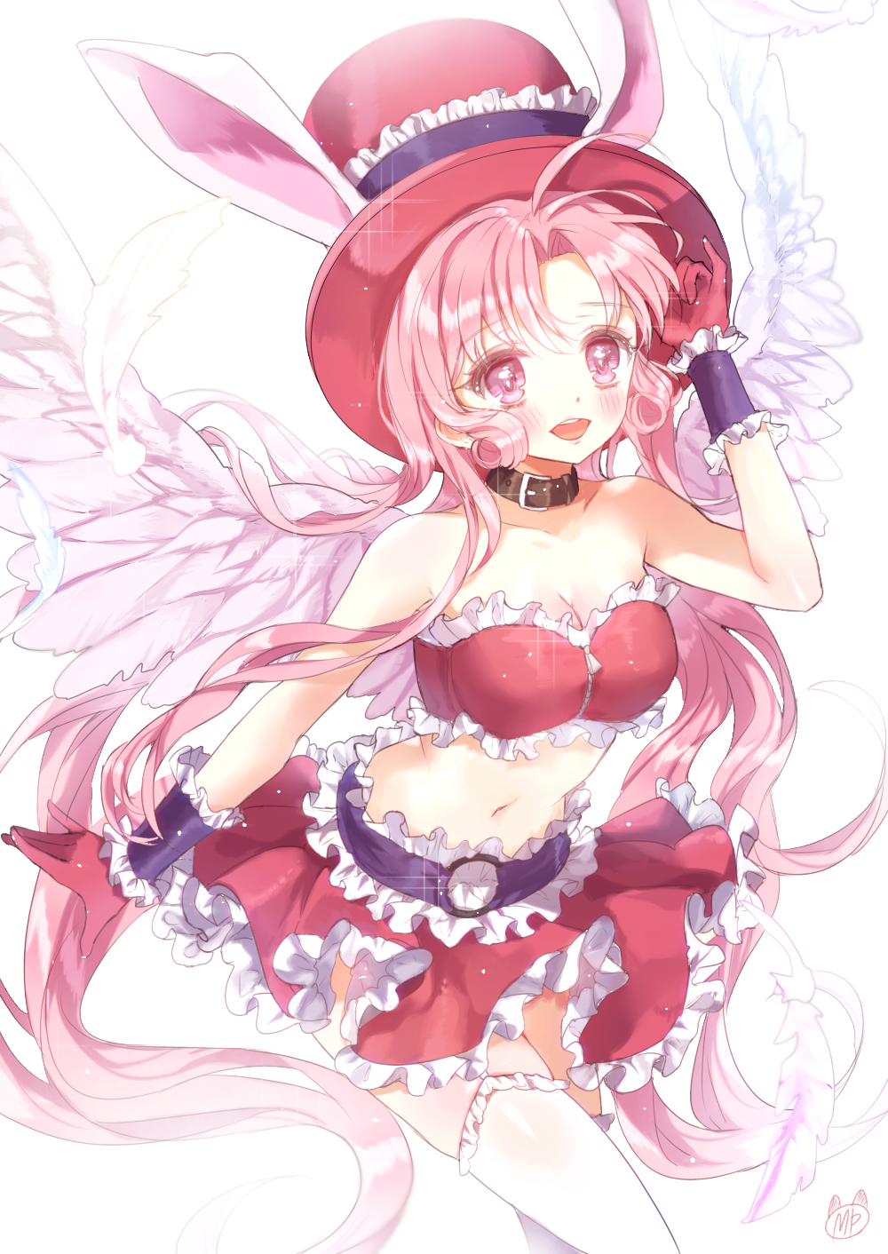 1girl, :d, angel_wings, animal_ears, bangs, bare_shoulders, blush, choker
