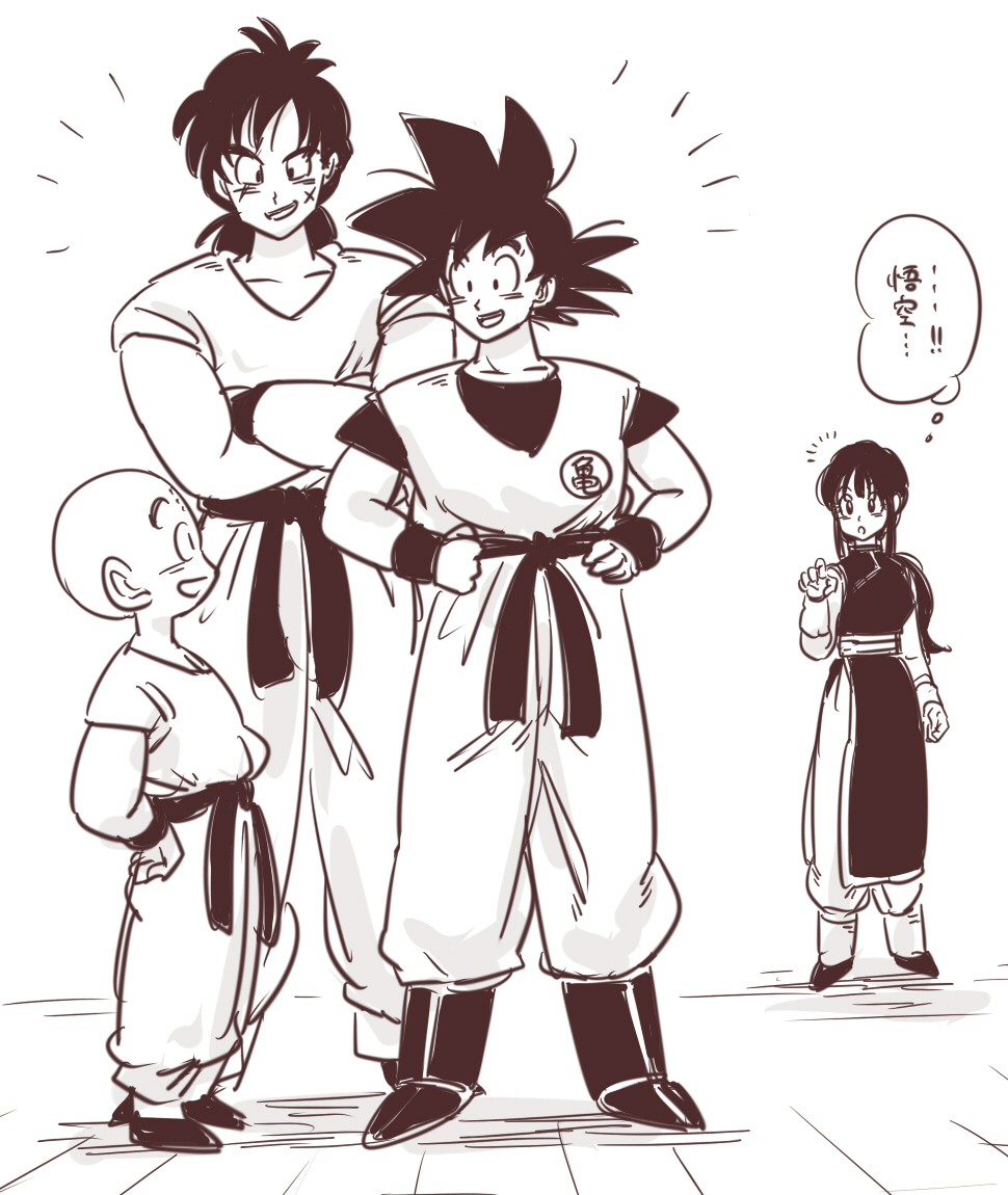 +++, /\/\/\, 1girl, 3boys, bald, black_eyes, black_hair, boots, chi-chi_(dragon_ball), chinese_clothes, crossed_arms, dougi, dragon_ball, greyscale, happy, kuririn, looking_at_another, miiko_(drops7), monochrome, multiple_boys, open_mouth, ponytail, scar, smile, son_gokuu, spiky_hair, surprised, talking, thought_bubble, translation_request, wristband, yamcha