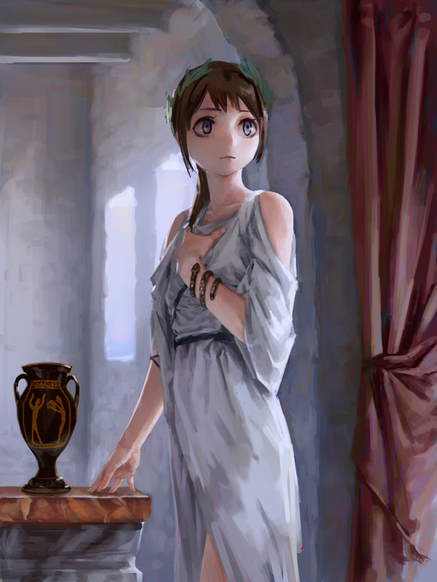 1girl, absurdres, bangs, bare_shoulders, blue_eyes, bracelet, brown_hair, closed_mouth