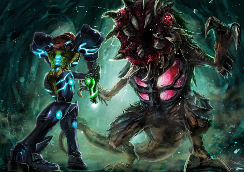 1girl, alien, arm_cannon, armor, cave, claws, drooling, dust