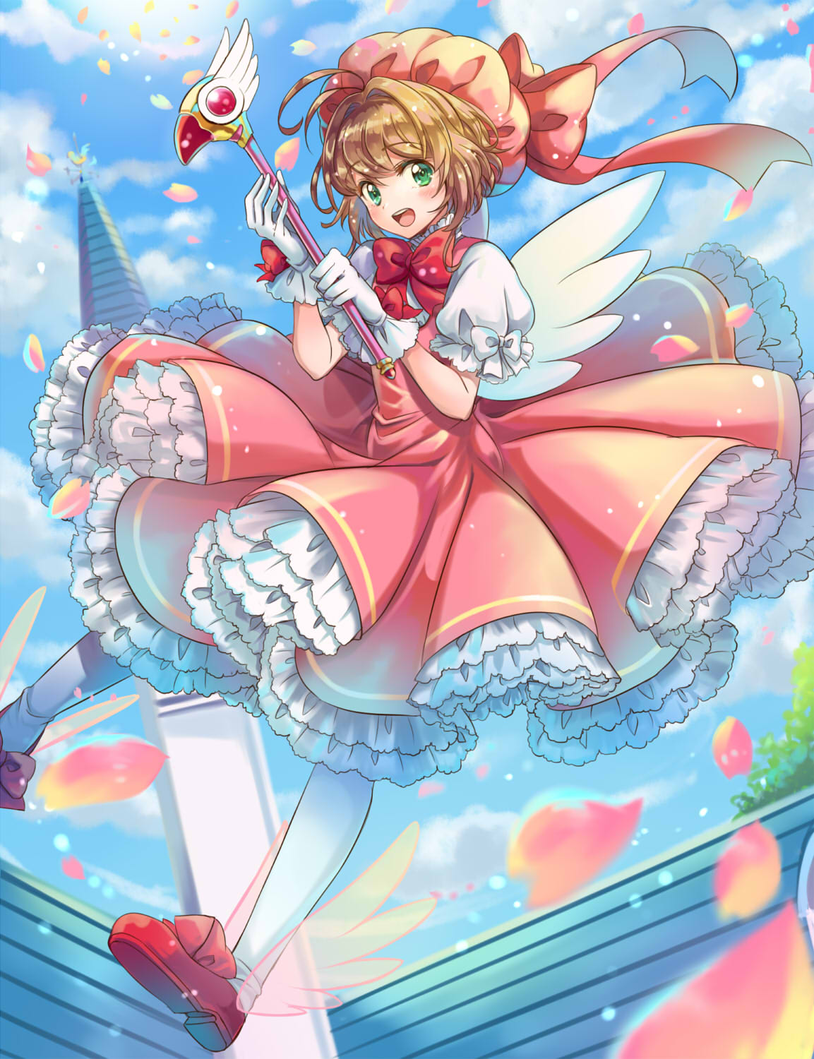 1girl, antenna_hair, brown_hair, card, card_captor_sakura, clow_card, full_body, fuuin_no_tsue