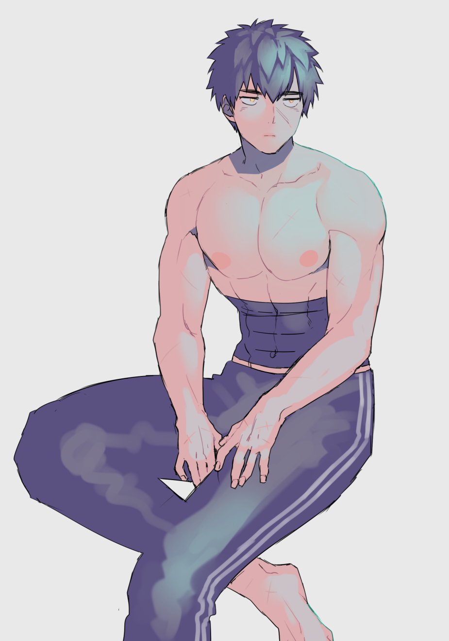 1boy, abs, bare_chest, barefoot, doudanuki_masakuni, grey_background, highres, male_focus