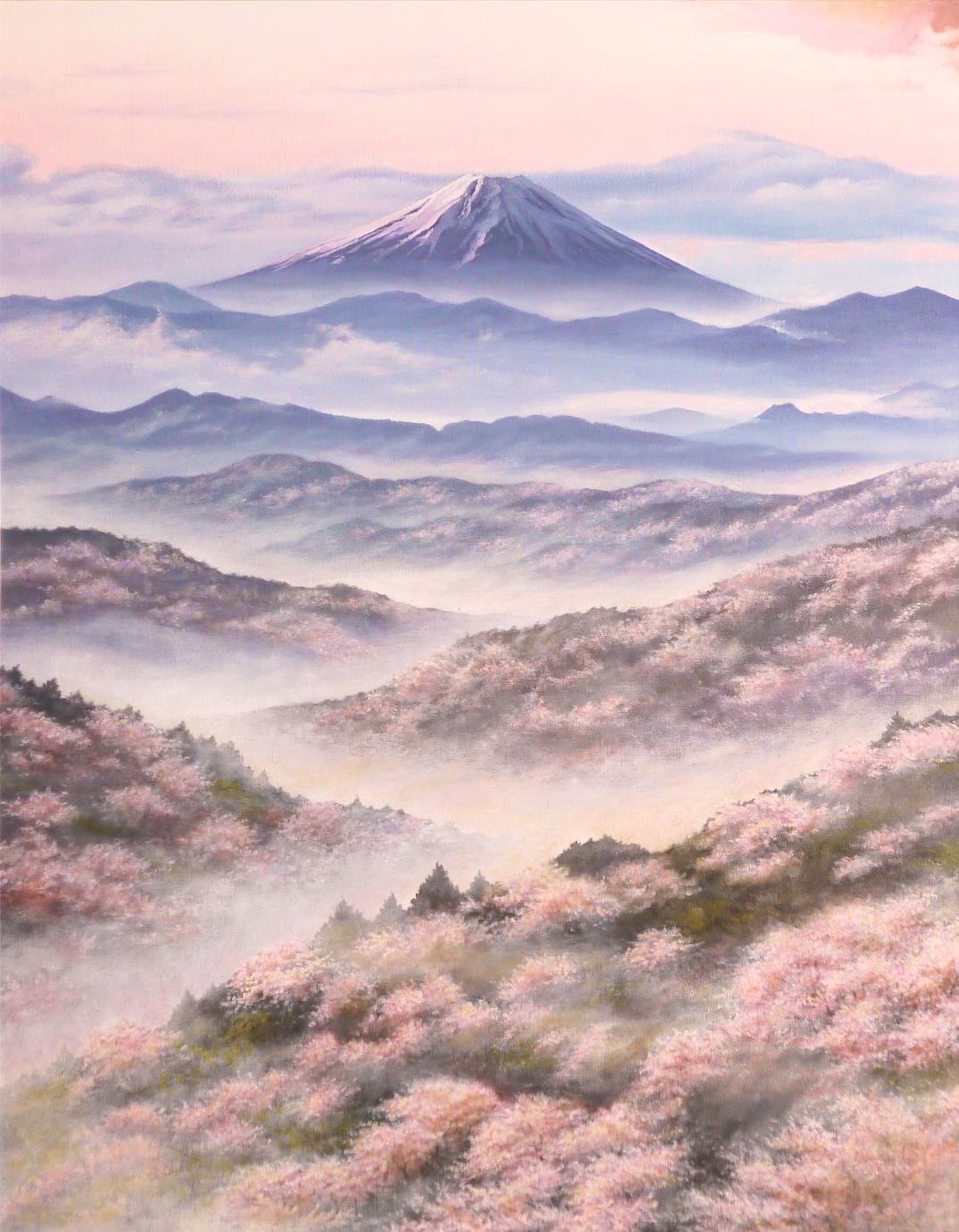 akashi_kaikyou, calligraphy_brush_(medium), cherry_blossoms, clouds, commentary_request, day, fog, forest