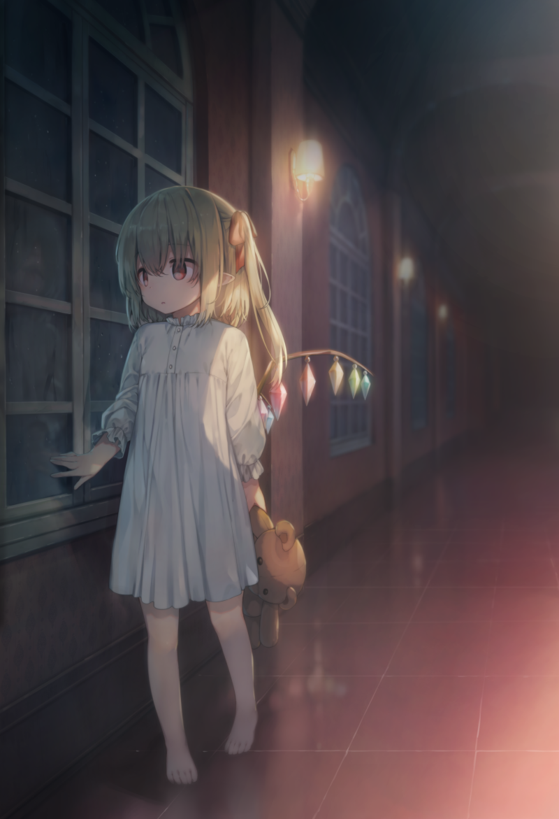 1girl, barefoot, blonde_hair, dress, flandre_scarlet, full_body, hair_ribbon, hallway, indoors, lamp, one_side_up, pointy_ears, red_eyes, red_ribbon, reflection, ribbon, shinoba, solo, stuffed_animal, stuffed_toy, teddy_bear, touhou, walking, white_dress, window, wings