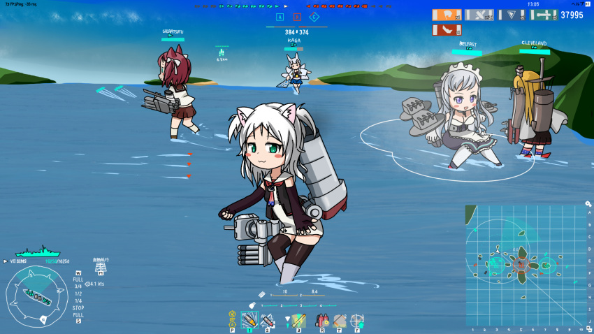 5girls, :3, animal_ears, azur_lane, belfast_(azur_lane), breasts, cleveland_(azur_lane), crossover, dedorudy, fox_ears, fox_tail, green_eyes, health_bar, highres, kaga_(azur_lane), lavender_eyes, looking_at_viewer, maid, maid_headdress, map, multiple_girls, ocean, ribbon, shiratsuyu_(azur_lane), sims_(azur_lane), smile, smirk, tagme, tail, torpedo, torpedo_tubes, turret, user_interface, white_hair, world_of_warships