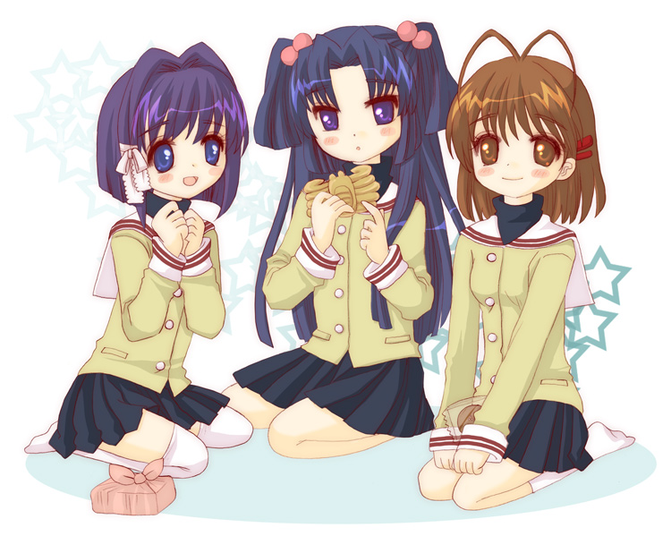 antenna_hair, aoi_(ene), blue_eyes, blue_hair, brown_eyes, brown_hair, clannad, food, fujibayashi_ryou, furukawa_nagisa, ichinose_kotomi, kneeling, long_hair, purple_hair, school_uniform, short_hair, twintails, violet_eyes