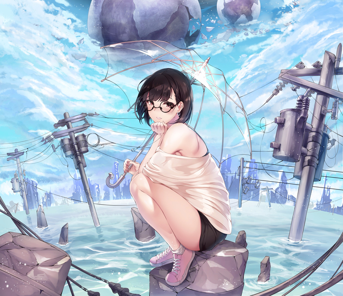 1girl, bare_legs, bare_shoulders, black-framed_eyewear, black_shorts, blush, broken_pillar, brown_hair