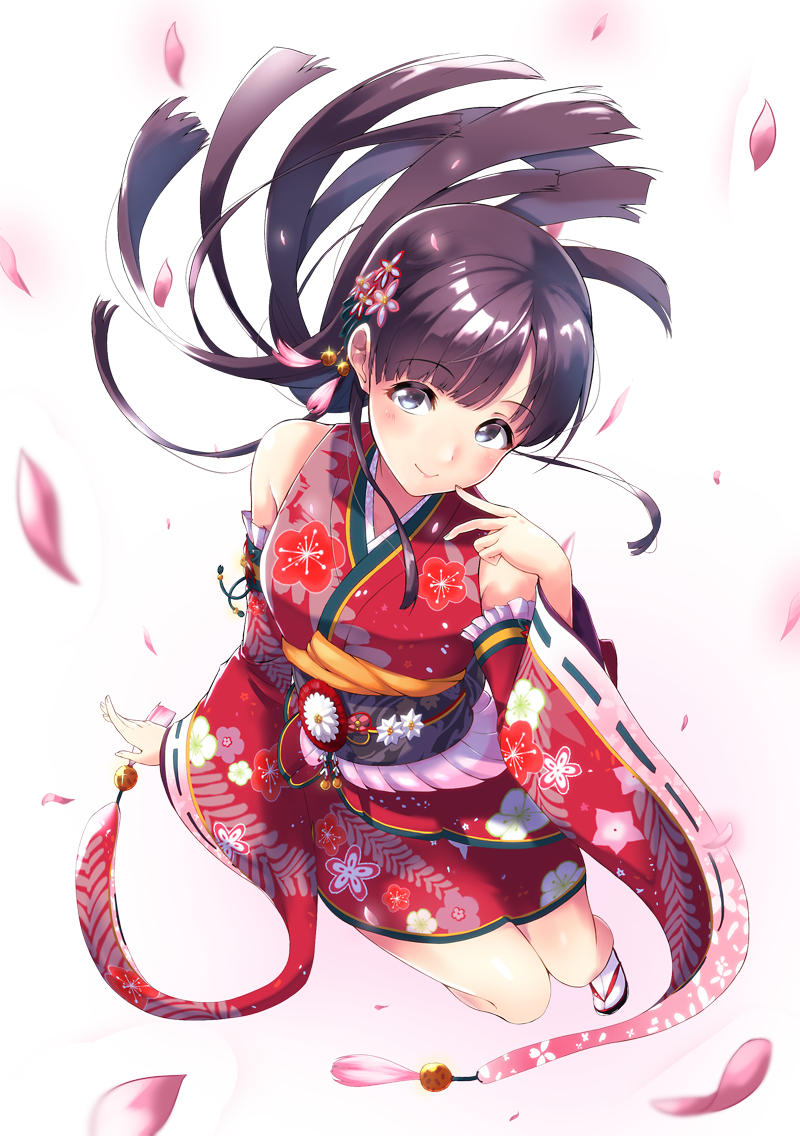 1girl, black_eyes, black_hair, blush, cherry_blossoms, detached_sleeves, different, flower