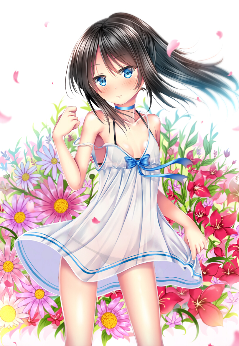 1girl, asashio_(kantai_collection), bikini, black_bikini, black_hair, blue_eyes, blurry, choker