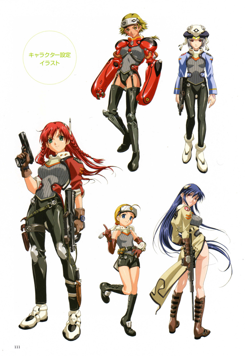 blonde_hair, blue_eyes, blue_hair, breasts, gloves, gun, handgun, happoubi_jin