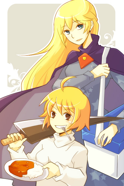 >:), 2girls, ahoge, aqua_eyes, areri, bangs, blonde_hair, blush